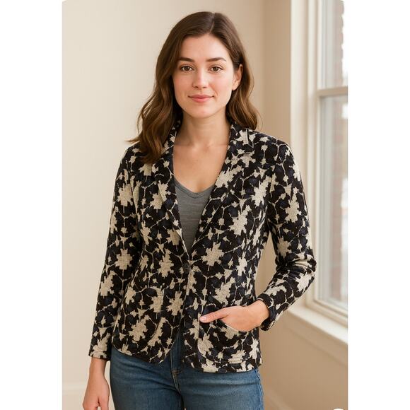 Nic + Zoe Cotton Blend Knit Blazer Floral Navy Stretchy Classy Casual Work PS - Picture 1 of 7